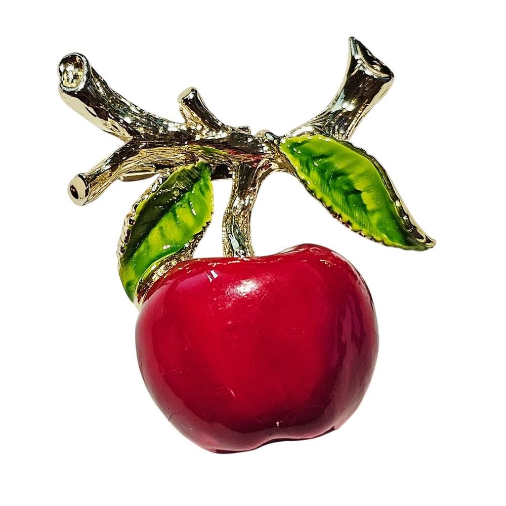 Red Apple Brooch Enamel Green Leave Branch Gold Tone Teacher Pin Gerrys Gift Box